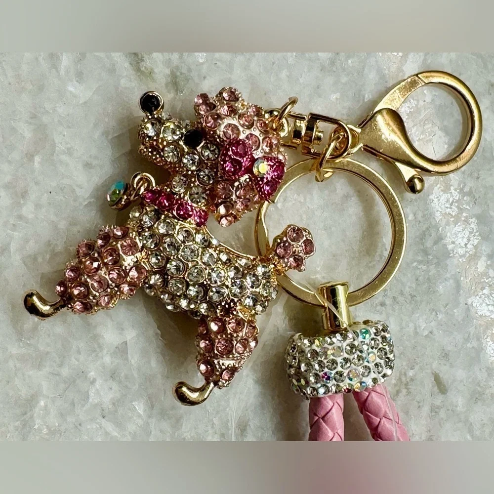 New Pink & Clear Rhinestone French Poodle Dog Gold Tone Purse Charm Keychain